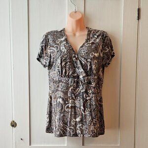 Cleo Short-Sleeved Paisley Print Top in Browns/Grey/White | Women's M